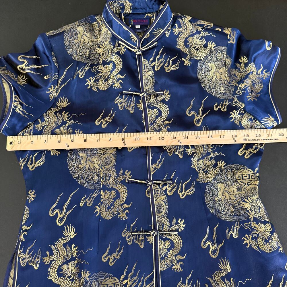 MATSUZAKI Vintage Oriental Unisex Top XXL Blue & Gold Dragon Embroidered Detail - Picture 7 of 9